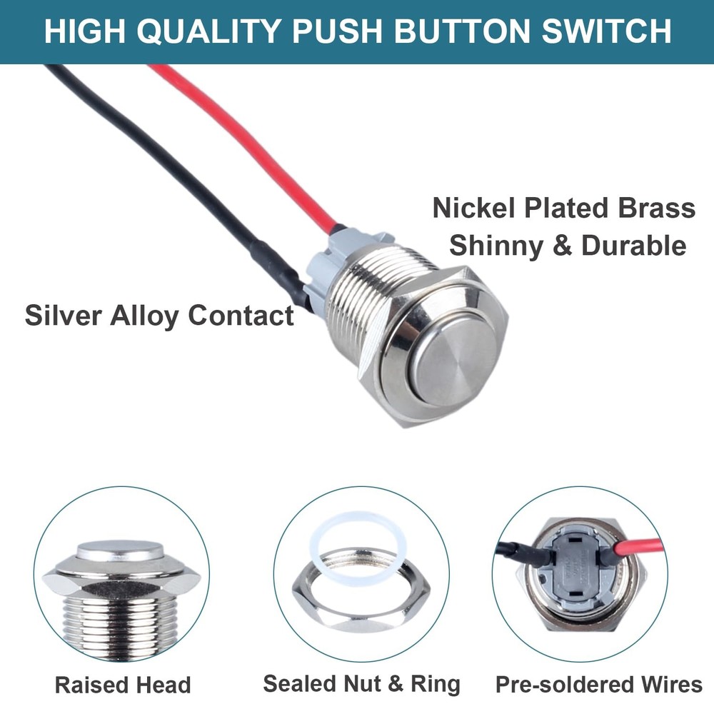 DMWD 2pcs 19mm Latching Metal Push Button Switch High Round Latching, Silver
