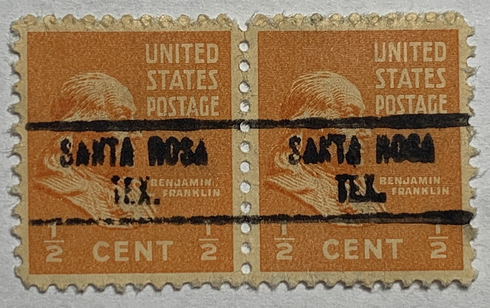 BOLD AND BROKEN PRECANCEL ERROR SANTA ROSA TEXAS ON 1/2C US STAMP PAIR