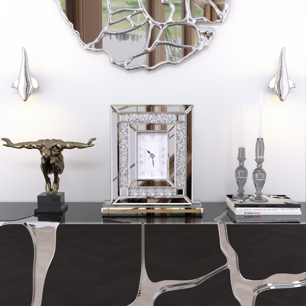 WISFOR 30cm Crushed Diamond Mirrored Desk Clock Decorative Table Clock Silver