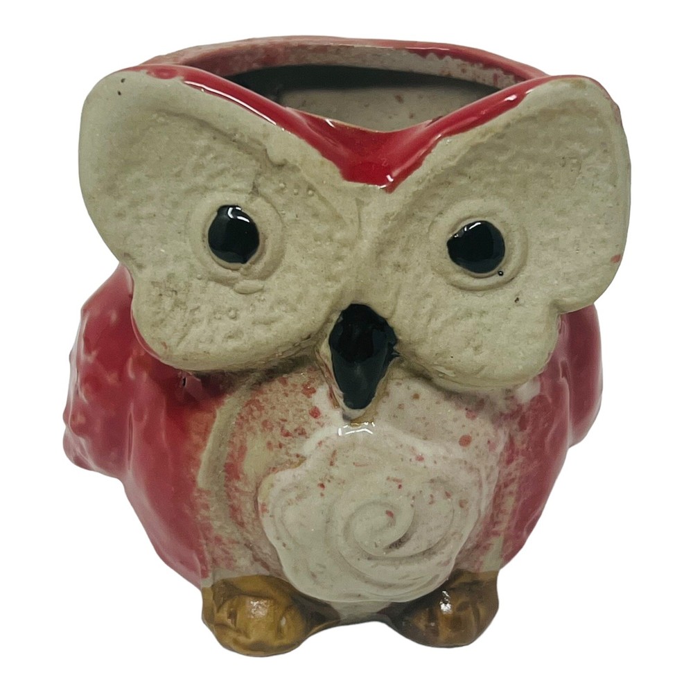 Ceramic Owl Planter Votive Holder Red 3”