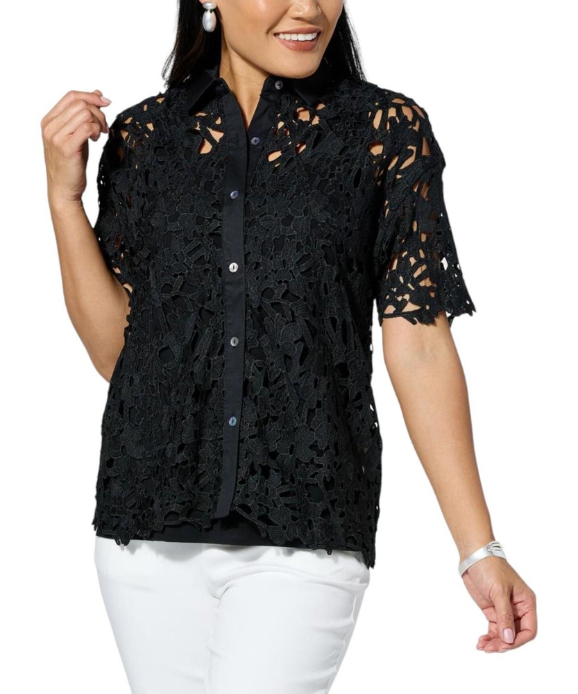 WynneCollection Abstract Floral Lace Top Black