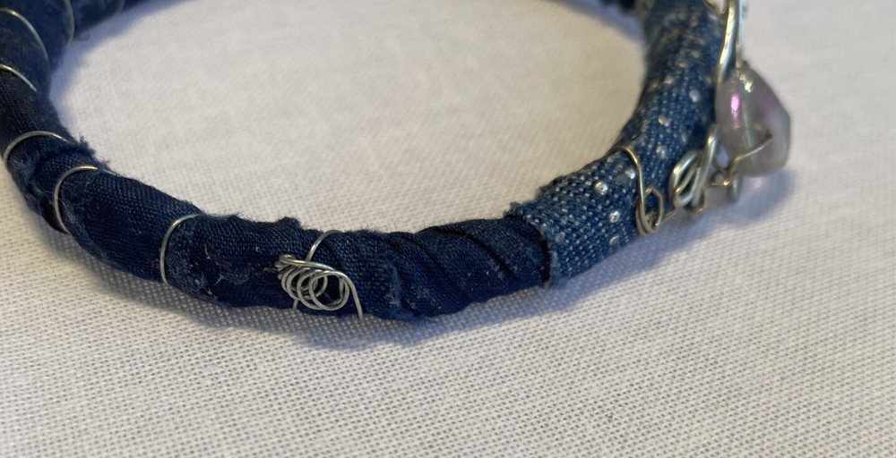 Handcrafted Bangle Blue Denim Fabric With Silver Tone Wire Art Design