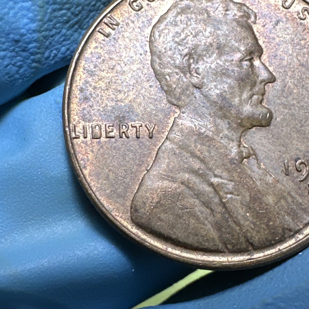 1957 D ERROR Wheat Penny / Die Chip Error Filled B