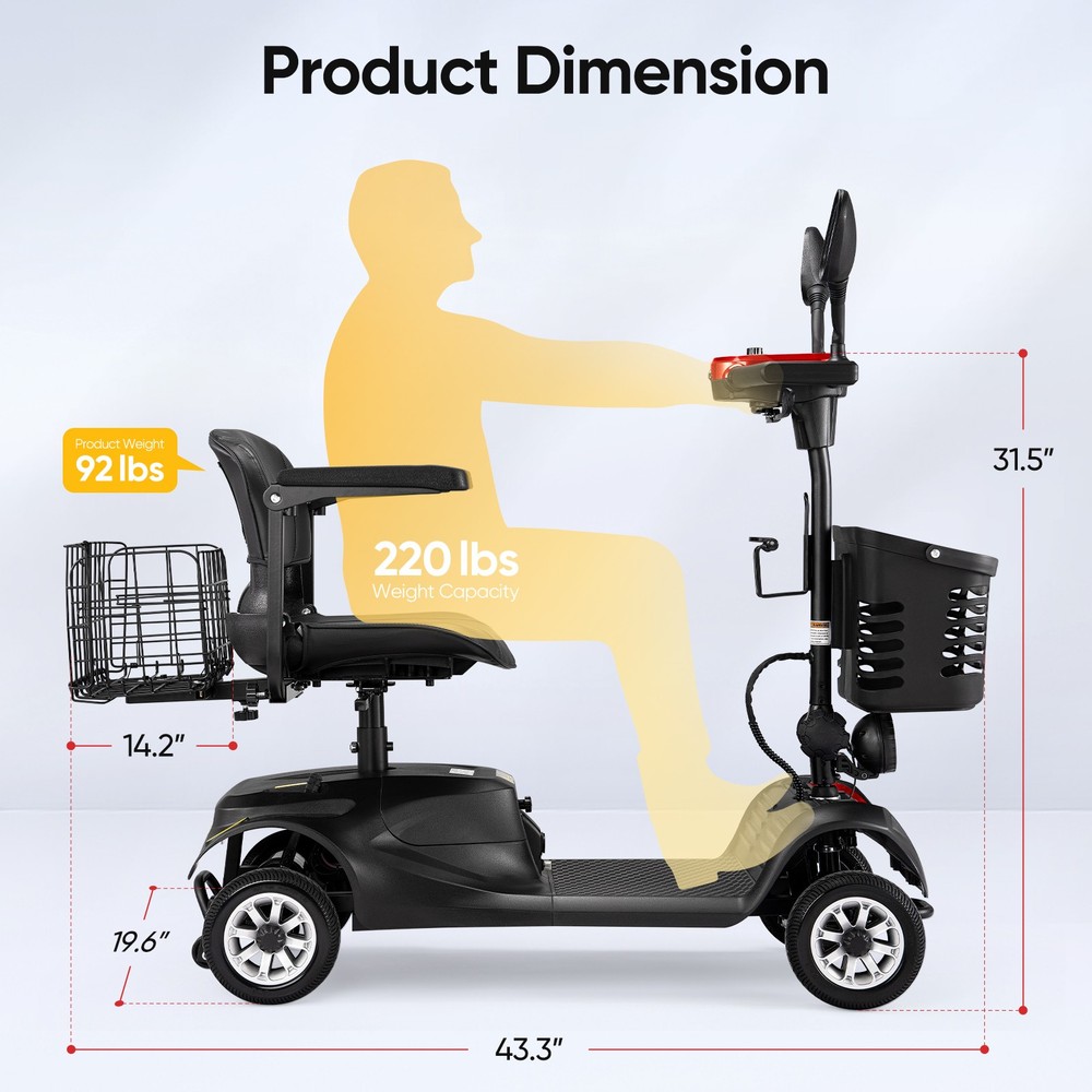 4 Wheels Mobility Scooter Long Range All Terrain LED Headlights With Two baskets