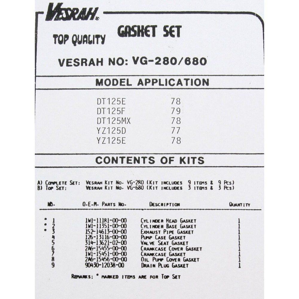 Vesrah Complete Gasket Set - VG280