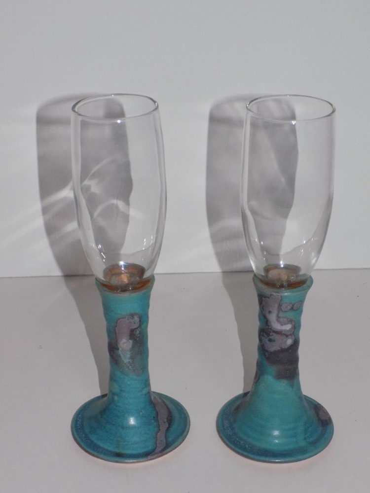 Studio Art Pottery Stem Base Drinking Flute Glass Set