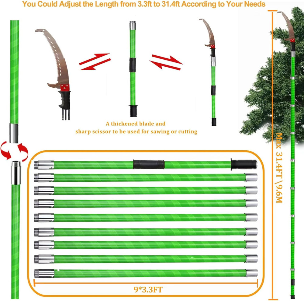 30FT Extendable Manual Pole Saw for High Branches & Shrub Trimming - Red
