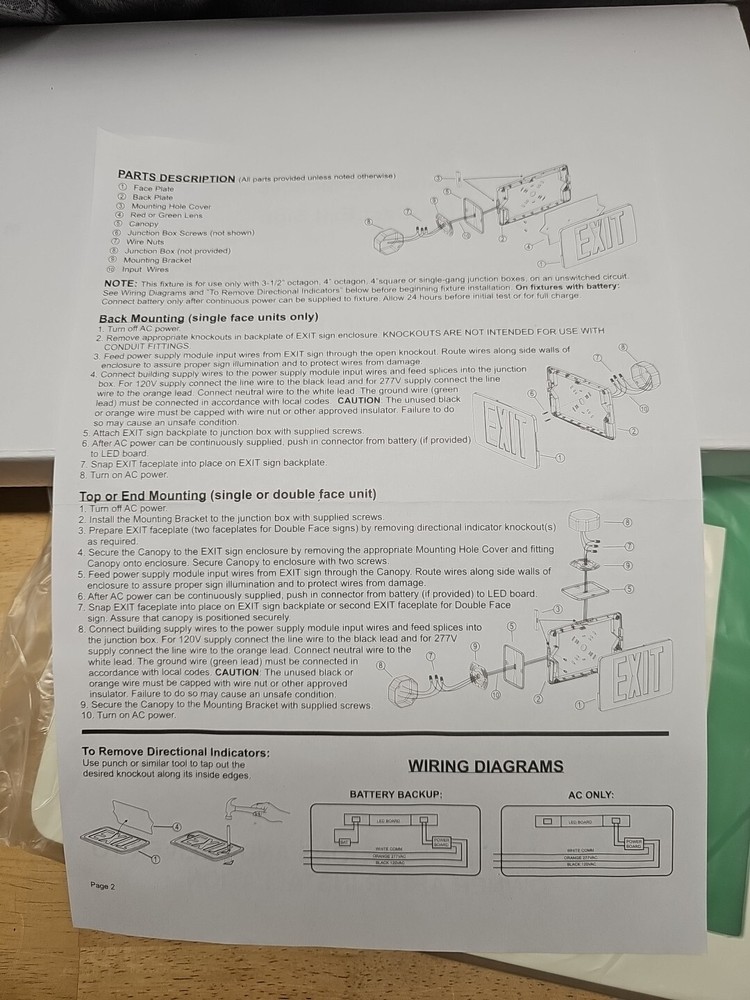 EXITRONIX Green Exit Sign + Mounting Plate Die Cast Aluminum G453-WB-WW (E9)