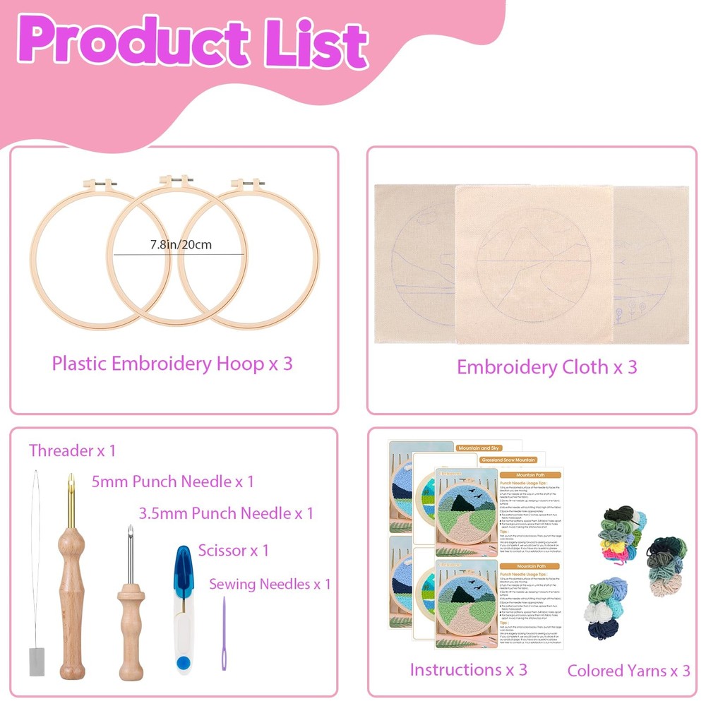 3 Sets Punch Needle Kits for Beginners,Includes Needles,Pattern Fabric,Yarns ...