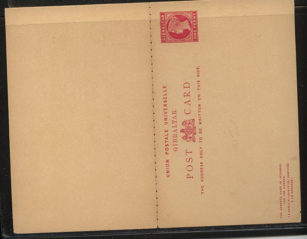 Gibraltar  nice postal reply card  one penny unused           MS1009