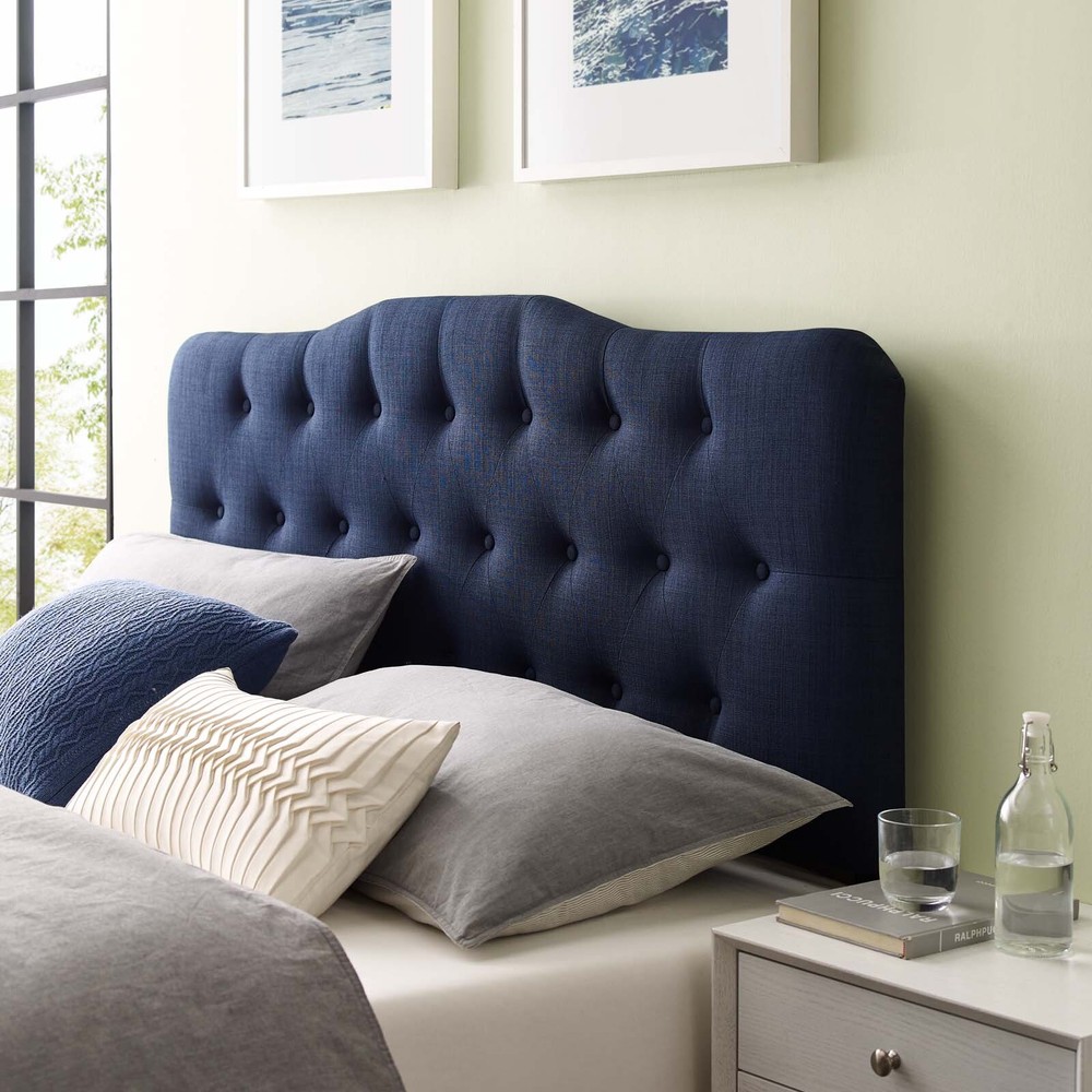 Modway Button Tufted Padded Upholstered Fabric Queen Size Headboard in Navy