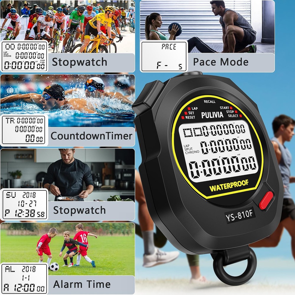 PULIVIA Waterproof Stopwatch Timer 10 Lap Split Memory Digital Stop Black