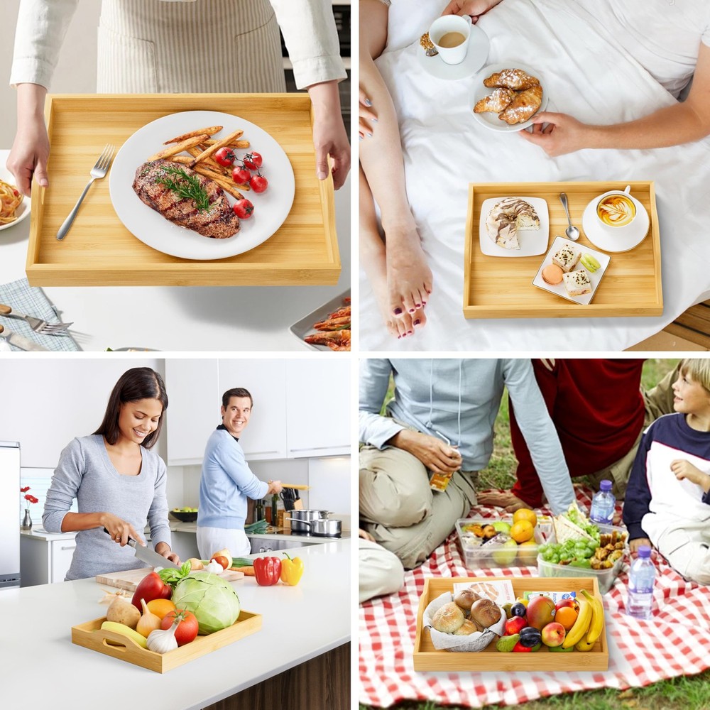 3 Pack Serving Tray with Handles, 3 Sizes Nestable Rectangular Tray Easy Carr...