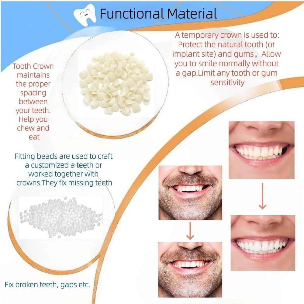 Temporary Teeth Crown Kit with Fitting Beads for Missing, Broken Teeth, Gaps, De