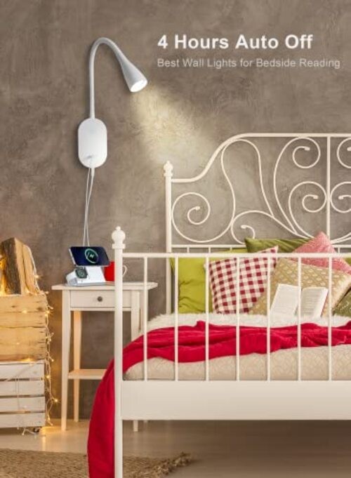LED Wall Mount Reading Light for Bed, Reading Lamp with USB White-2 Pack