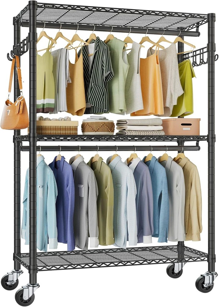 R2 Plus Heavy Duty Rolling Garment Ra 3 Tiers Adjustable Wire