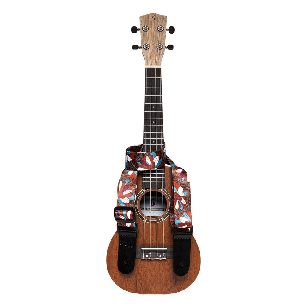 Stagg STE UKEFLOW BRW Terylene Uke Ukulele Strap w/ Brown & Blue Flower Pattern