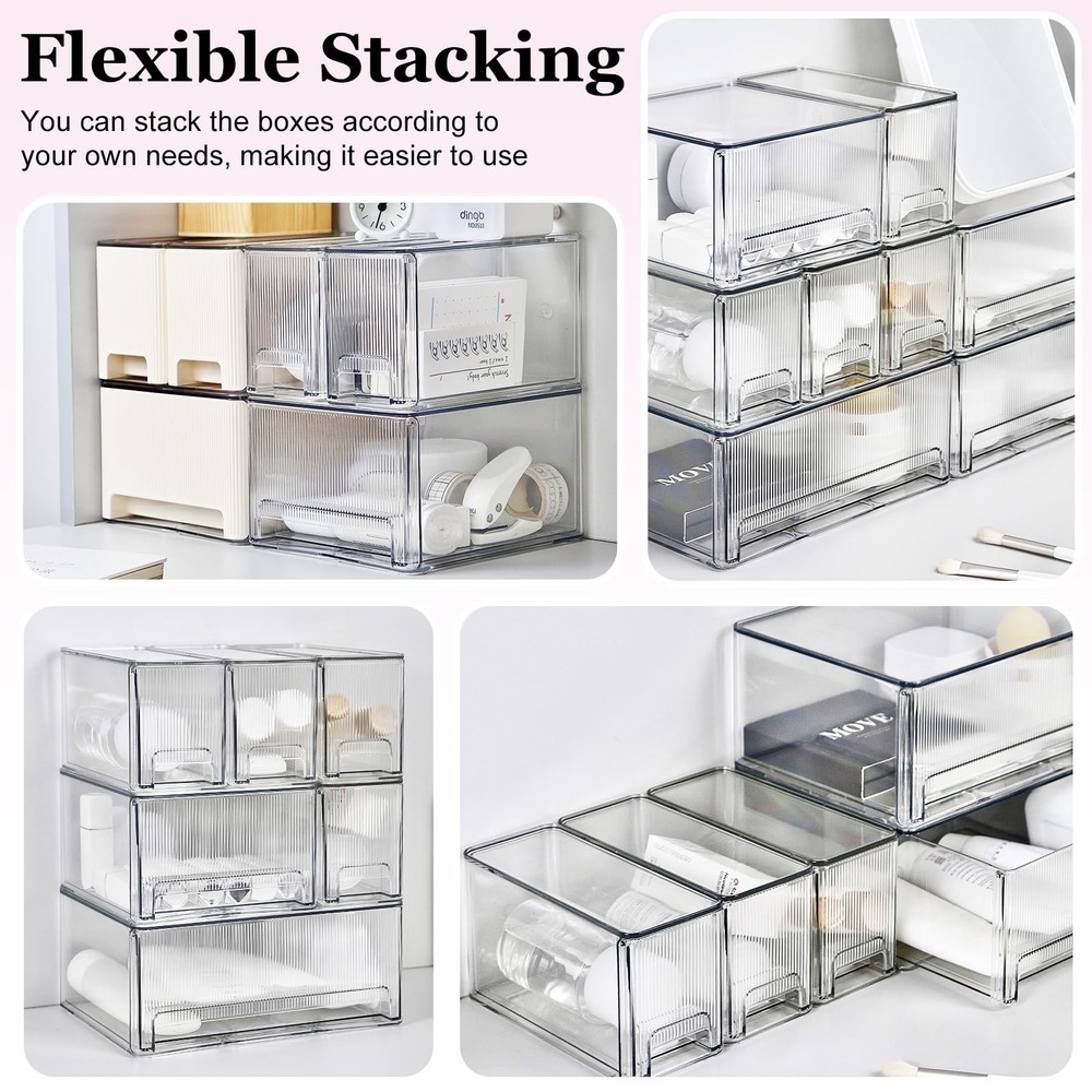 Clear Stackable Makeup Organizer, 3 Pack Plastic Drawer Storage with Handle f...
