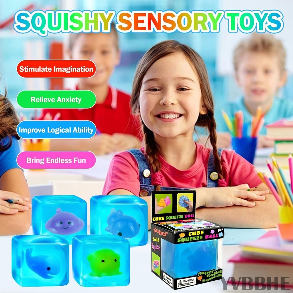 Blue Squeeze Cube with Luminous Devil Fish Inside, Squishy Stress Fidget Gummy