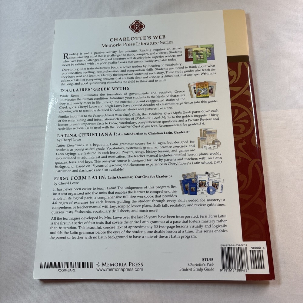 Memoria Press Charlotte’s Web Student Study Guide 2010 New