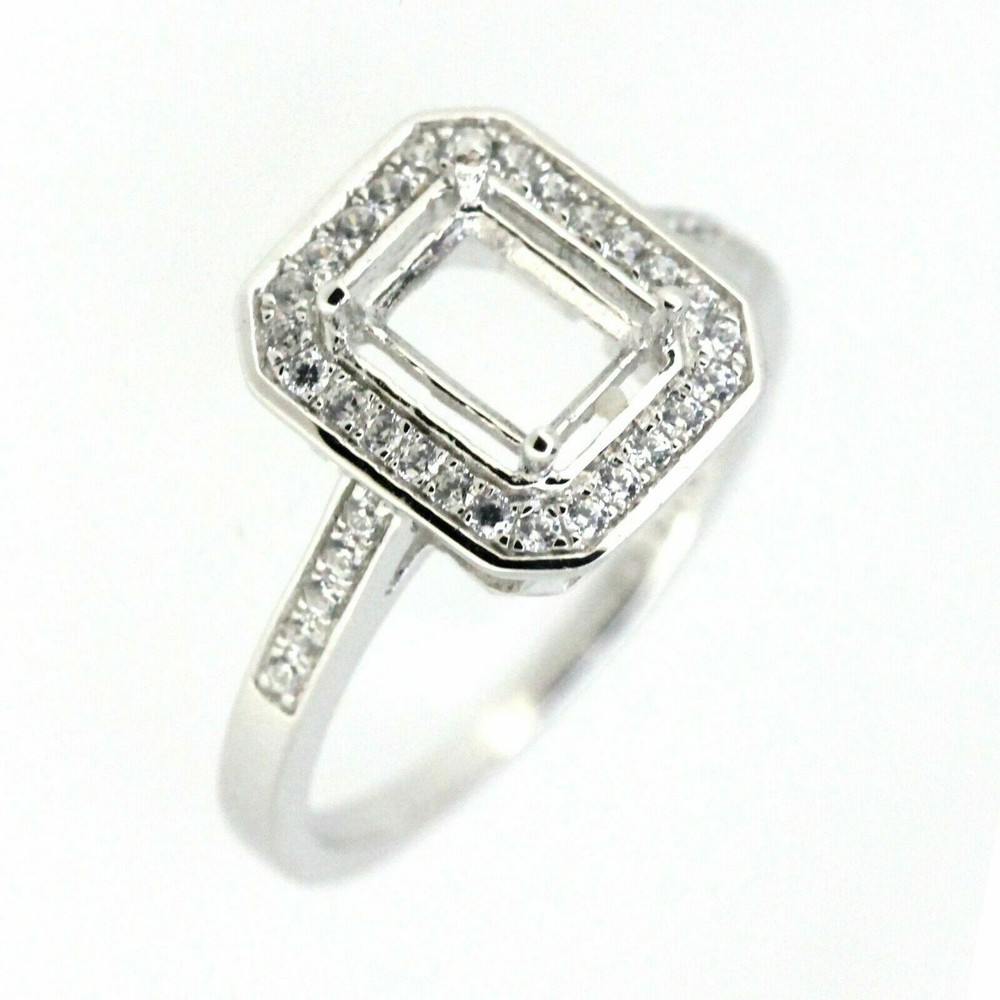 Sterling Silver Semi Mount Ring Setting Emerald OCT 7x5mm Halo