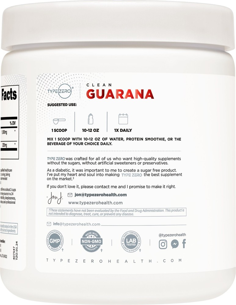 Type Zero Clean Guarana Powder Drink Mix (250 Servings, Unflavored)
