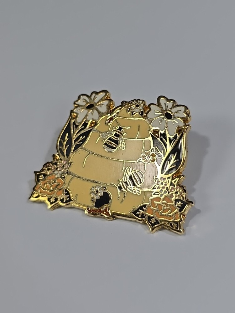 Bees On Hive With Flowers Lapel Pin