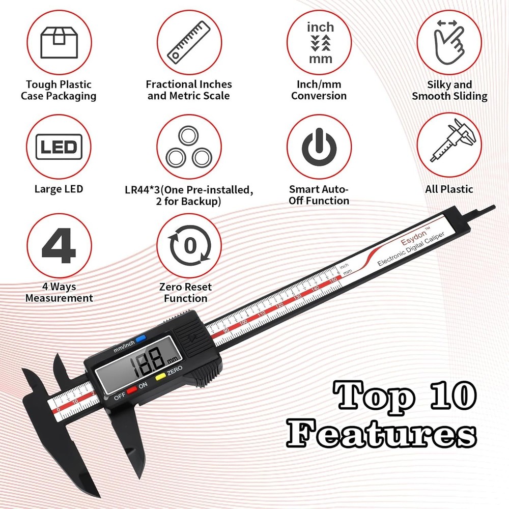 Precision Measuring Tool: 6'' Digital Caliper with Inch/mm Conversion Included