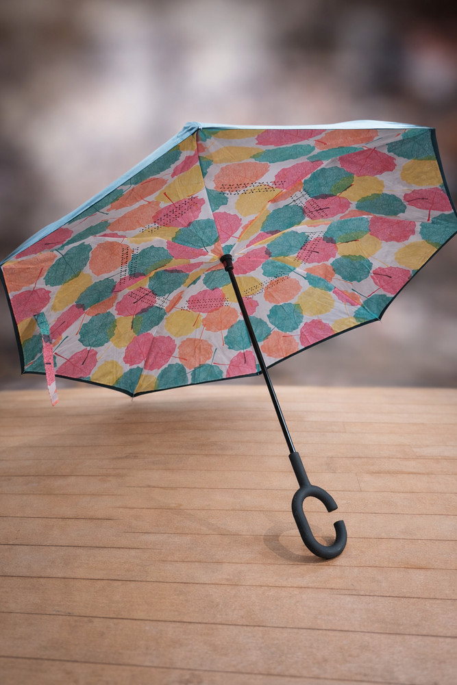 Colorful Leaf Print Double Layered Reverse Close Umbrella C Handle