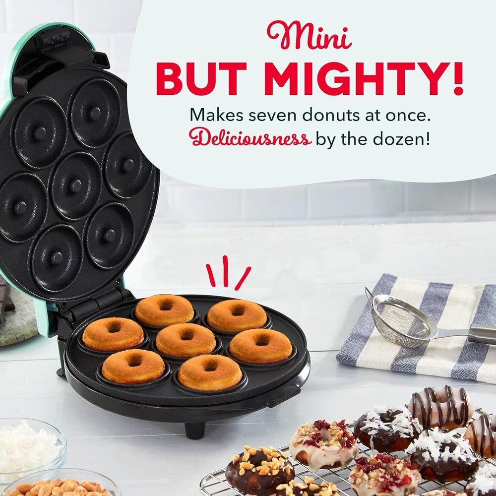 Mini Donut Maker for Breakfast Snacks Desserts Non-Stick Makes 7 Doughnuts Aqua