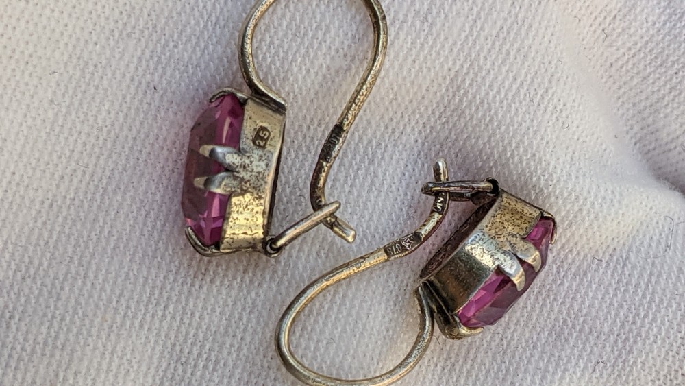 Vintage Soviet 875 Silver Earrings with Pink Ruby Tone Stones