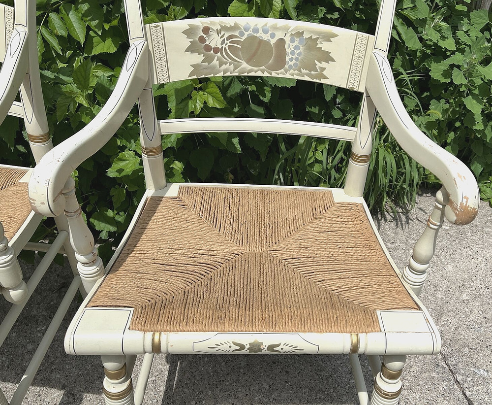 Pair Vintage Solid Lambert Hitchcock Ivory Harvest Rush Bottom Armchairs