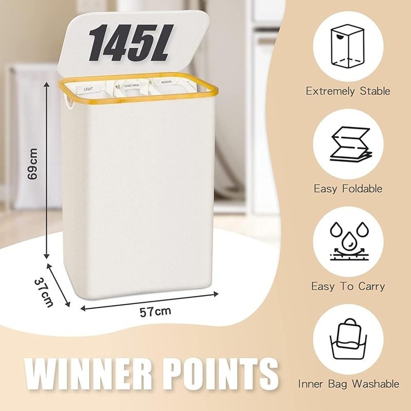 Bamboo Laundry Hamper W/ Lid Three Removable Bags Clothes Sorting Storage New