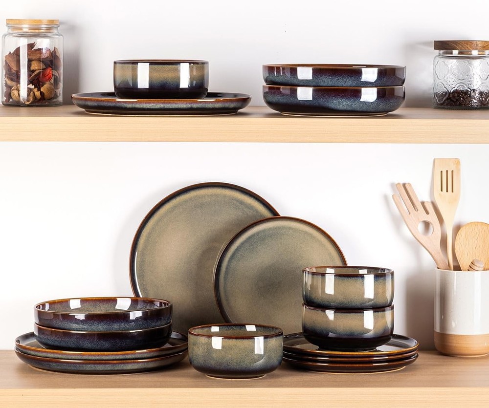 Ceramic Dinnerware Sets for 4, 12 Pcs Handmade Reactive Glaze Plates & Bowls Set