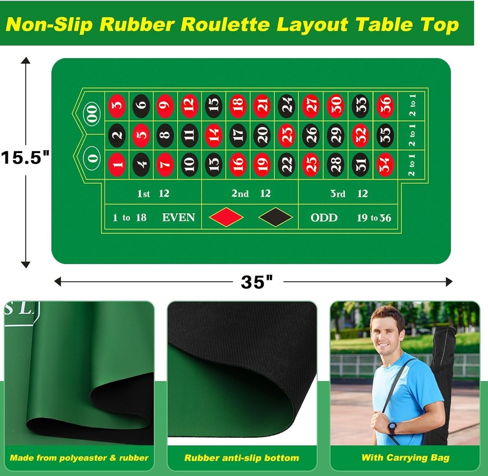 Roulette Wheel Game Set Include 11'' Solid Wood 35" x 16"...