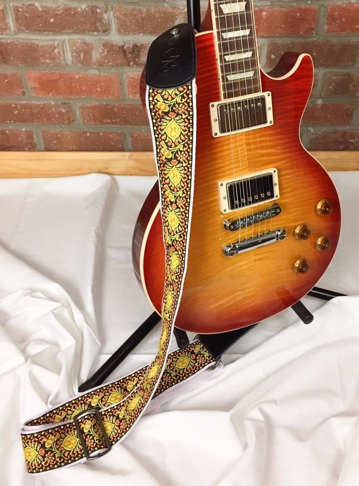 Guitar Strap Bundle - Real Leather Vintage Woven - Orange - Picks, Locks, Button