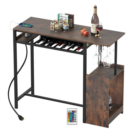 Rectangular Bar Table with Charging Station and LED Light-Rustic Brown - Color: