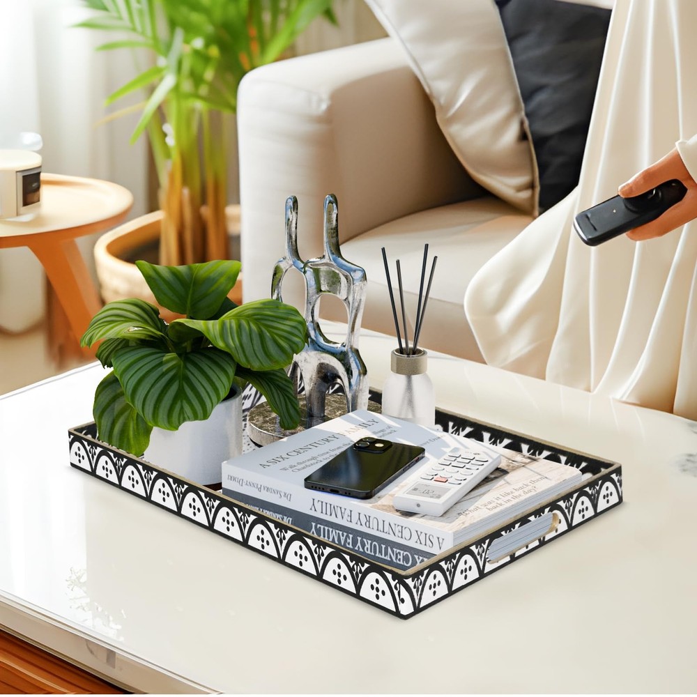 Plastic Serving Tray with Handles Rectangular Black Flower Pattern 15.8x11.8 In