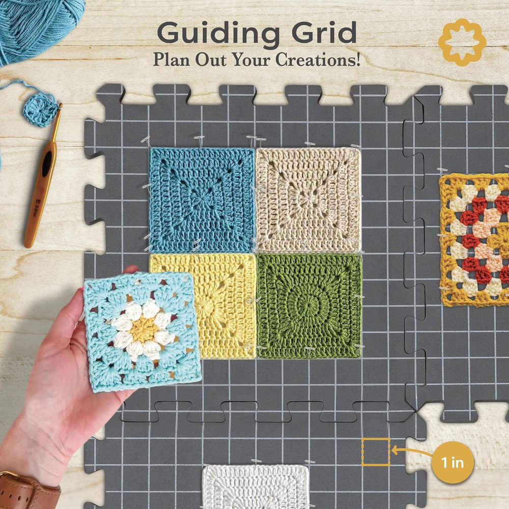 Crochet Blocking Board Set – 9 Extra Thick Interlocking Mats with Grid, 150 T-Pi