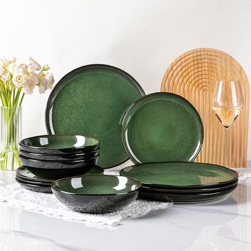 Ceramic Dinnerware Sets for 4,Wavy Service for 4-12pcs Wavy-Modern Green