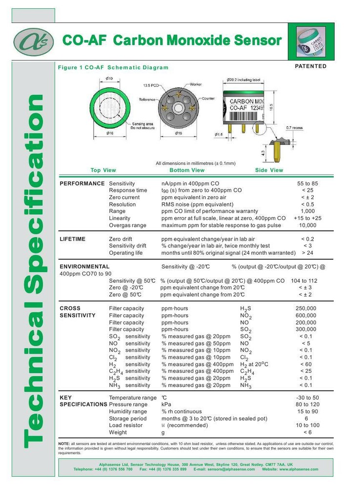 1PC Original ALPHASENSE CO-AF C0-AF Carbon Monoxide Sensor