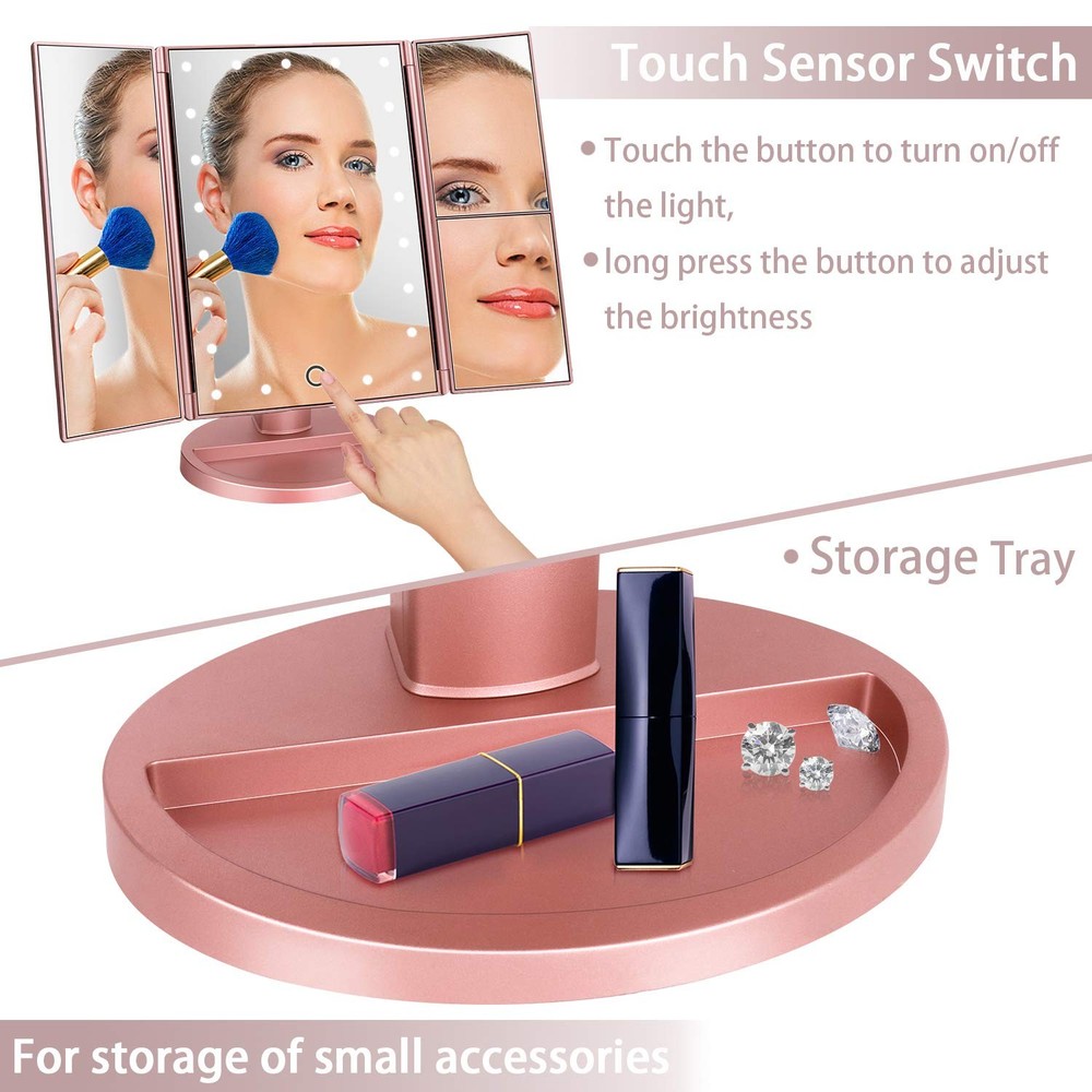 Tri-Fold Lighted Vanity Mirror, 21 LEDs, Touch Screen, 3X/2X/1X Magnification