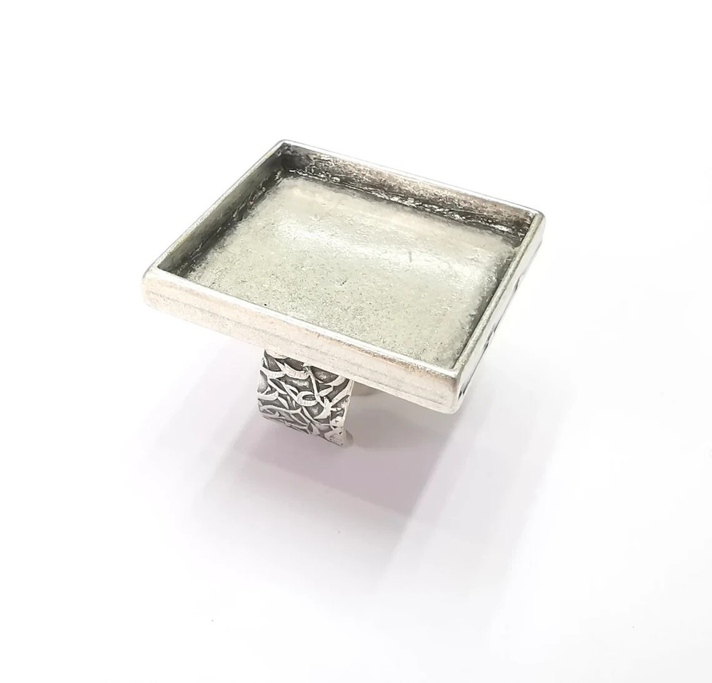 Square Antique Silver Ring Blank Settings, Cabochon Mounting Adjustable Resin