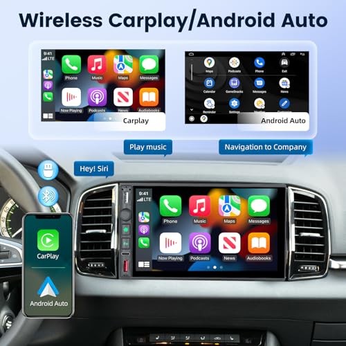 Wireless Double Din Stereo with Carplay and Android Auto - 7 Inch HD Touch