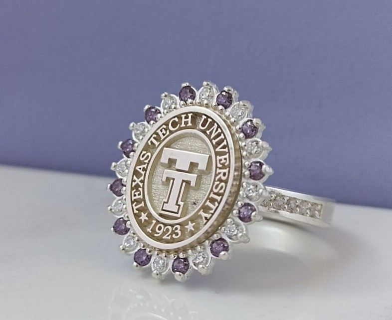 Texas Tech University Class Ring 1923 Silver with Purple & White Stones