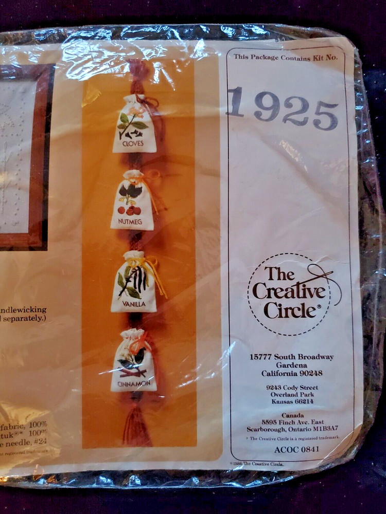 Creative Circle "Kitchen Spice Sacks" Embroidery Kit Size Each 3" x 4" Makes 4
