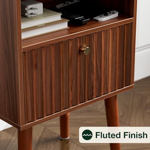 Side Table with Charging Station, Modern End Table with Fluted Drawer, Brown