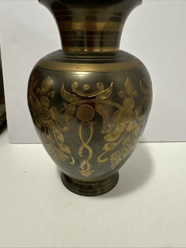 8.5” Solid Brass Etched Vase Floral Design, India