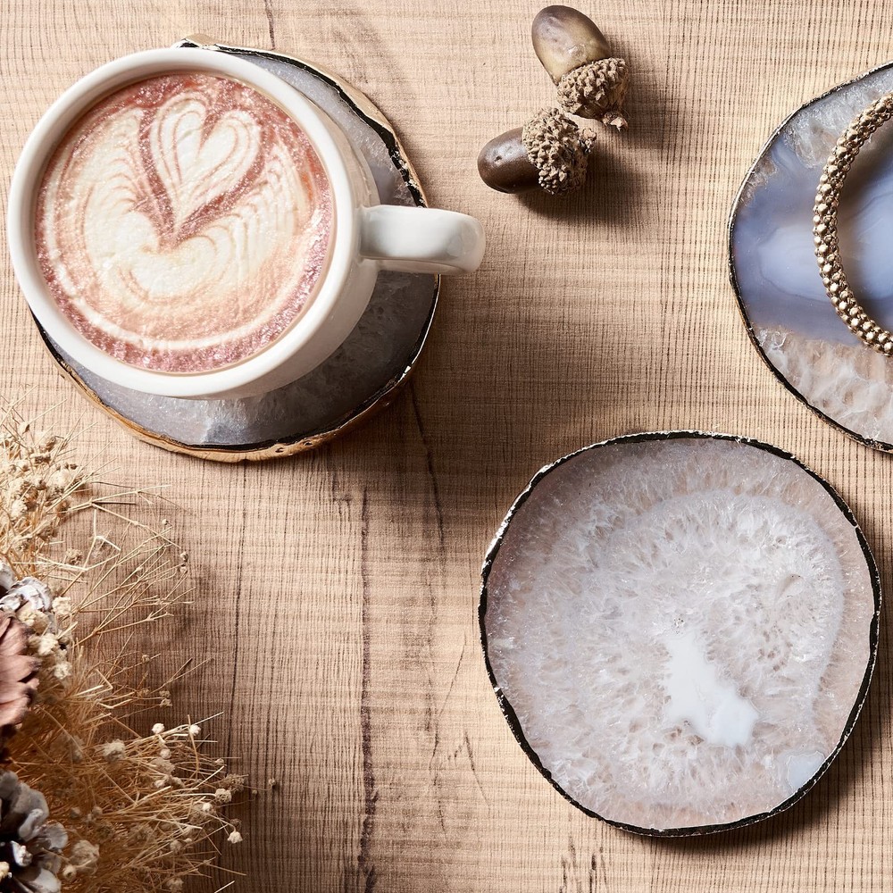 White Agate Coasters for Drinks, Crystal Coaster with Gold Edge 3.5-4", Geode...