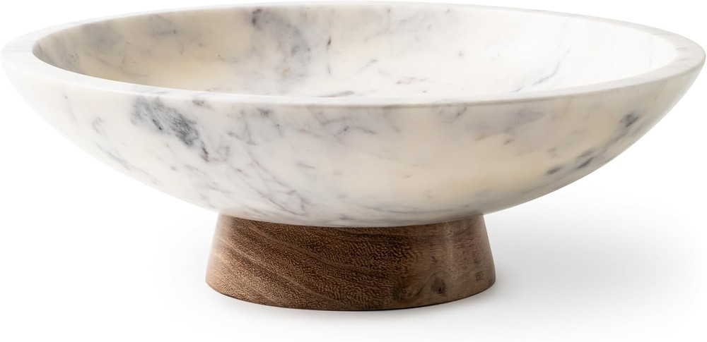 Marble Decorative Bowl for Home Decor - Handcrafted Natural Stone with Acacia Wo